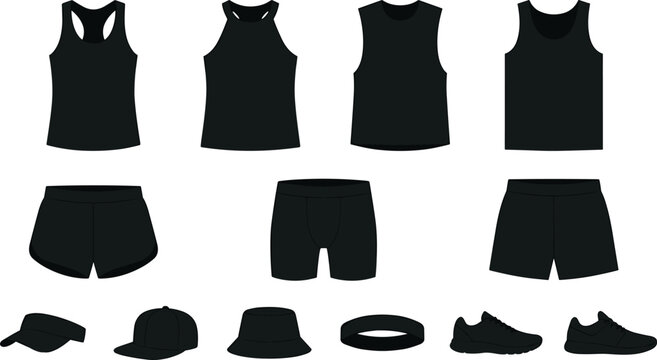 Black Activewear and Sportswear Icon Set with Blank Tank Tops Running Shorts Sneakers Headbands and Hats for Fitness Apparel Mockups