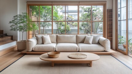 Fototapeta premium Modern Japanese living room with large windows and a sofa