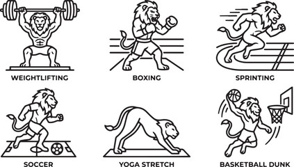 Fototapeta premium Collection of stylized lion characters performing various athletic sports activities in this clean black and white vector line art illustration