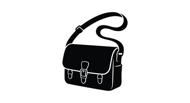 Silhouette of a classic black messenger bag with strap and buckle