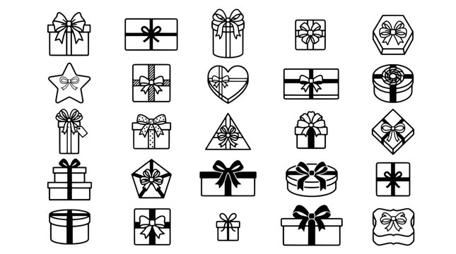 Gifts wrapped set with various shapes and bows in black and white featuring gift, present, bow with ribbon and box elements for heart, star projects,