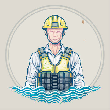 Cartoon illustration of a smiling boy contractor wearing a safety hardhat and working as a construction builder person holding a blueprint