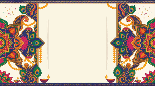 Vibrant Indian paisley mandala border with peacock feathers and diyas for festive celebration background