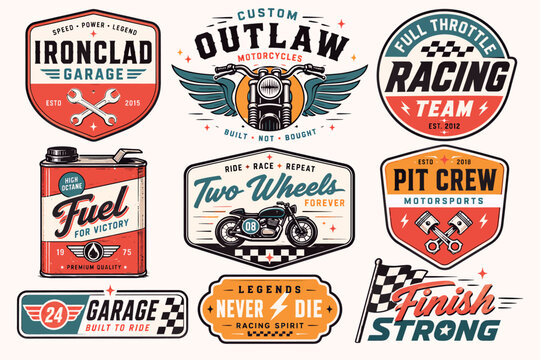 A collection of vintage-style motorcycle and racing-themed badges and emblems, featuring classic bikes, tools, fuel cans, and racing motifs with distressed textures.