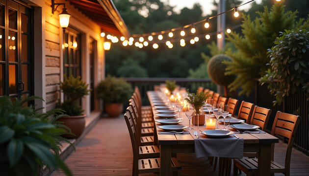 elegant outdoor dining setup with candles and decorative greenery against a cozy evening background for event planning or social gatherings