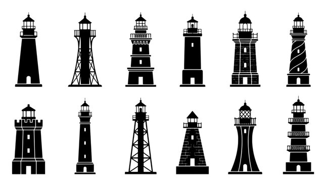 Lighthouse icons set with bold black silhouettes, include tower, beacon, and ocean navigation symbols in simple vector style