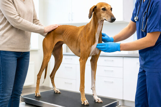 Veterinarian examines brown sighthound dog on medical table. Woman owner comforts pet during checkup in veterinary clinic. Professional animal healthcare, diagnostic and disease prevention.