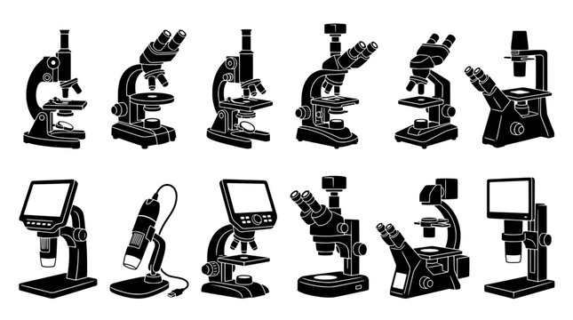Microscope science icons set with detailed vintage lab silhouettes for education, chemistry, biology, research and classroom designs