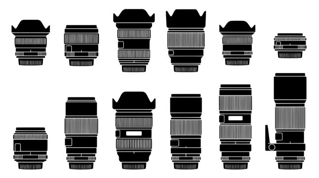 Lenses camera set with various focal lengths and designs featuring photography, black and white, photography gear with lens collection and