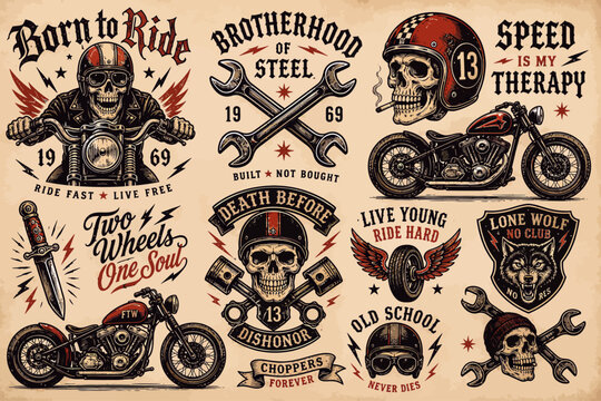 A collection of vintage-style motorcycle-themed graphic designs featuring skulls, helmets, bikes, and biker slogans on a grunge background.
