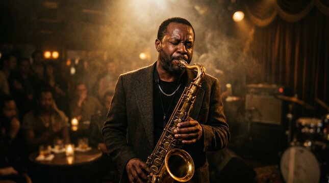 Soulful medium close up shot of a professional African American musician playing saxophone at a smoky vintage jazz club