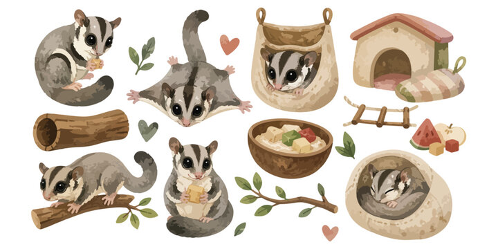 watercolor cute sugar glider exotic pet collection