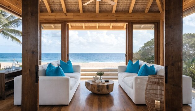 A beach house living room with white couches and turquoise pillows overlooking the ocean