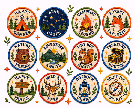 A collection of twelve vintage-style embroidered patches featuring various outdoor, camping, and nature-themed illustrations and phrases, perfect for scouting or adventure.