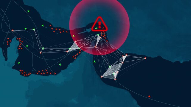 Digital marine traffic map highlighting a red warning sign over the Strait of Hormuz. Concept of global energy crisis, oil export ban, and maritime supply chain disruption due to geopolitical conflict