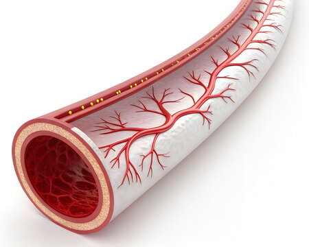 Cross-sectional view of an artery with visible blood flow and branching vessels