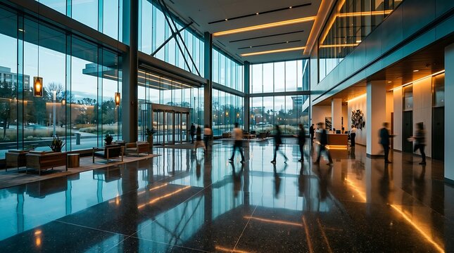 Corporate lobby features motion blur people walking through a spacious glass atrium with polished floors and warm lighting at dusk. Ideal for architectural and business center marketing.