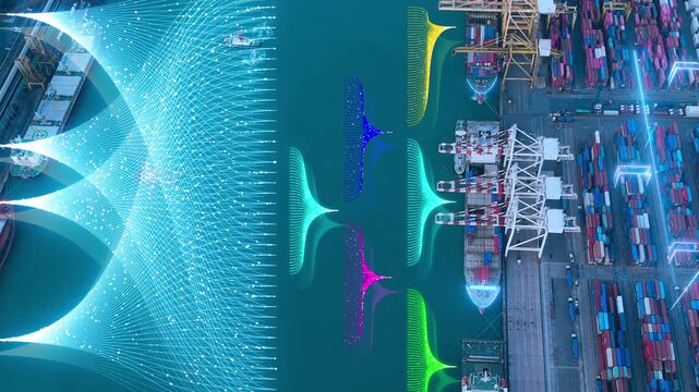 Glowing digital data streams and AI management networks overlaid on a commercial cargo container ship port. Smart maritime logistics, artificial intelligence supply chain, and future shipping technolo