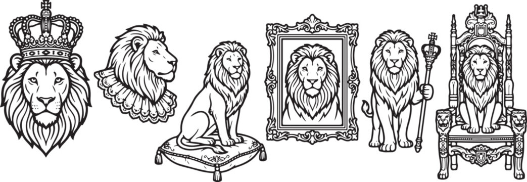 Black and white illustration set featuring regal lions wearing crowns sitting on ornate thrones and posing in decorative picture frames