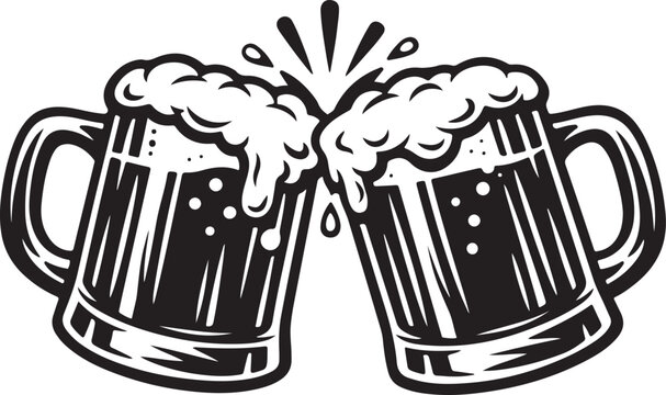 Two Clinking Beer Mugs Toasting Vector Illustration