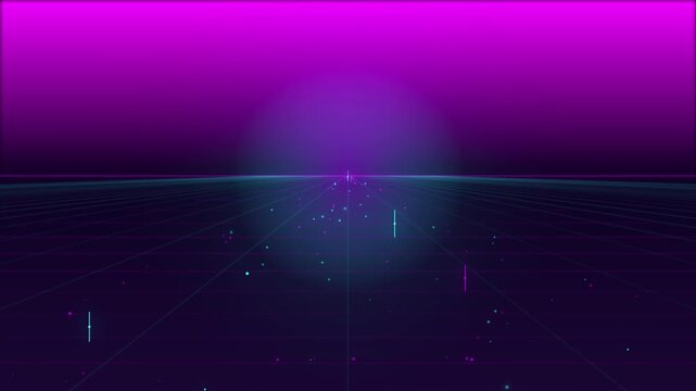 Futuristic 3D wireframe grid floor moving forward into purple neon sky with glowing digital particles.