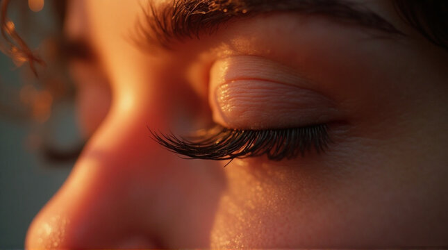 Detailed close-up photo of a female eye with long dark eyelashes, soft natural makeup, and warm lighting creating a gentle mood.