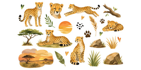 Watercolor Cute Cheetah Clipart Collection: Jungle Safari Wildlife Set © dian's