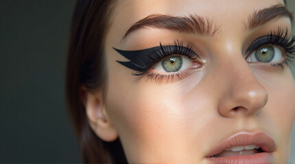 Fototapeta premium A young woman with striking gold and black eye makeup, featuring sharp winged eyeliner and shimmering eyeshadow, against a neutral background.