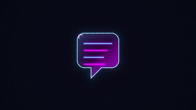 Neon glowing speech bubble icon pulsing on a dark grid background