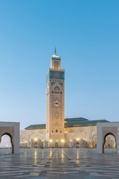 Hassan II Mosque minaret at twilight in Casablanca, Morocco