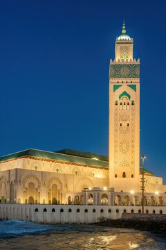 Hassan II Mosque in Casablanca illuminated at night, Morocco
