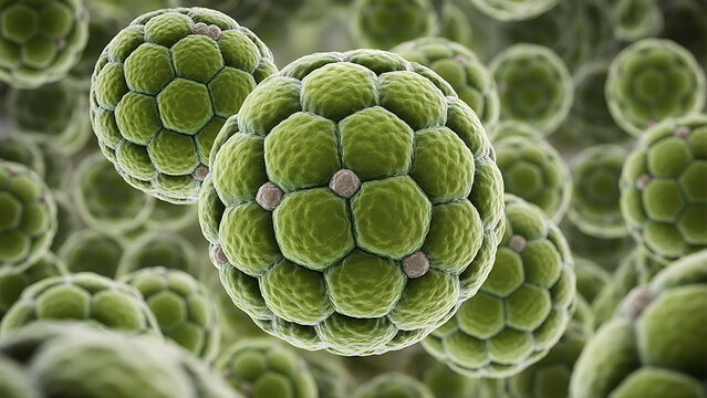 A close-up view of green algae spheres clustered together in water