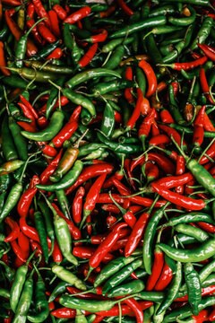 Fresh red and green chili peppers at Korean market
