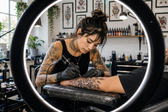 Tattoo artist working on a tattoo framed by the studio's ring light