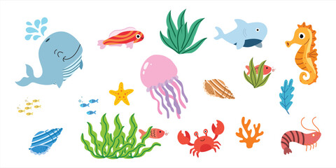 Naklejka premium Cute Ocean Animals Illustration Set with Sea Creatures and Underwater Elements