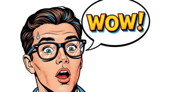 Surprised Man with Glasses Exclaiming Wow in Pop Art Style.