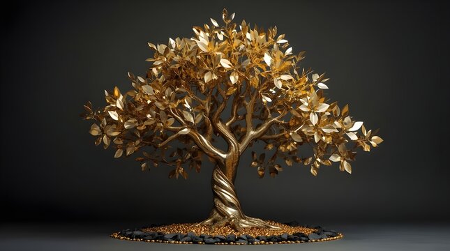 highly stylized and artistic representation of a tree, crafted entirely from metallic materials. The tree is centered against a dark, neutral background, which enhances its striking appearance. Its br