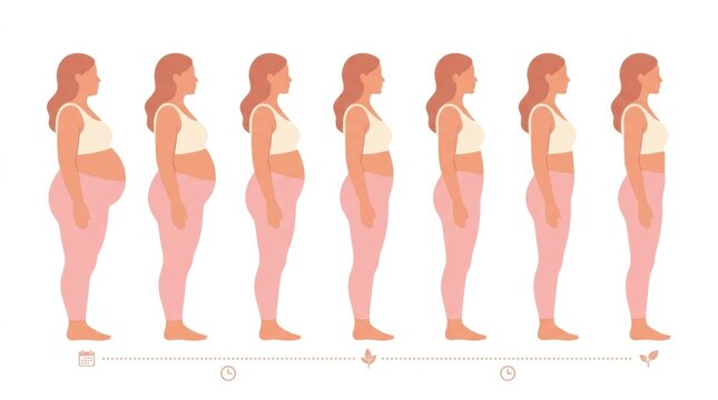Illustration shows multiple stages of body changes for women during and after pregnancy, focusing on postpartum weight loss and changes in silhouette.