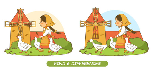 Spot the difference educational game with girl, geese and windmill. Printable worksheet for preschool and kindergarten children to develop attention, observation and visual perception skills © Екатерина Бобро