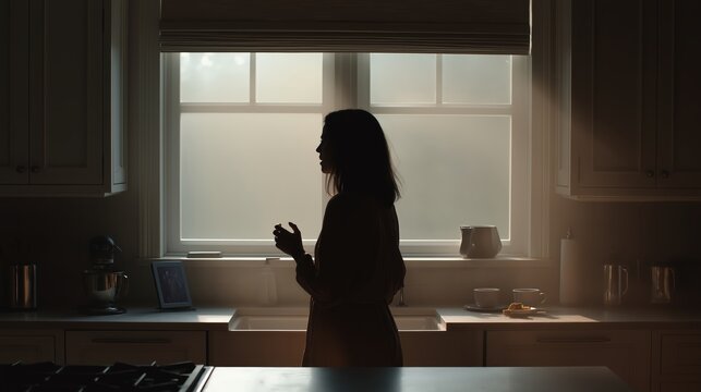 A silhouette of a woman standing in a dimly lit kitchen, holding a cup, with soft daylight coming through the window behind her.