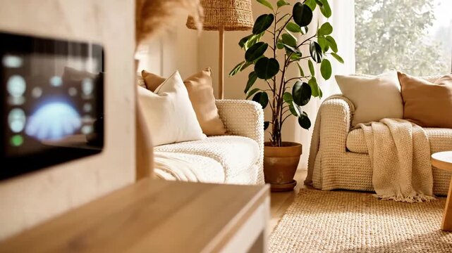 A modern home interior with a wall-mounted smart home device displaying various icons and controls, adjacent to a cozy living room with beige couch, plant, and warm lighting