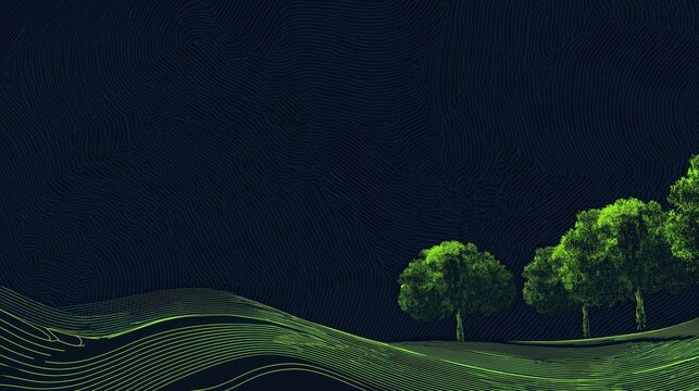 A digital landscape featuring a wavy grid pattern with three green trees against a dark, textured background.