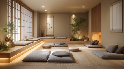 Fototapeta premium Zen room with tatami mats and floor cushions