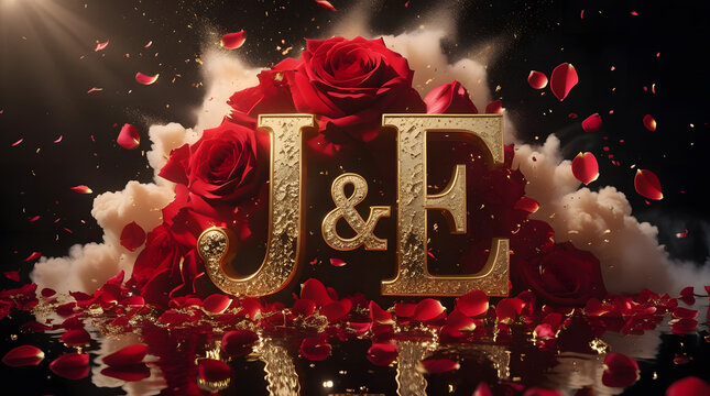 Elegant 3D golden initials J and E with romantic red roses background