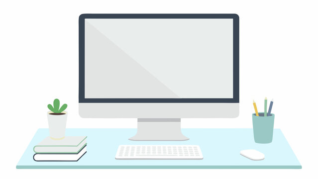 computer monitor with desk and office supplies illustration