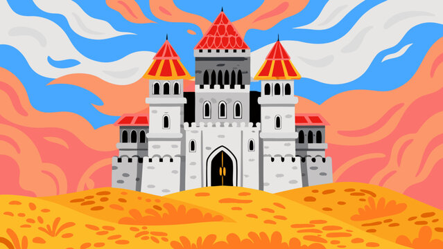 Folkloric castle on a rolling hill, stylized vector clouds, golden hour palette, intricate royal architecture motifs, clean lines.