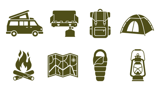 Camping icons and travel symbols.