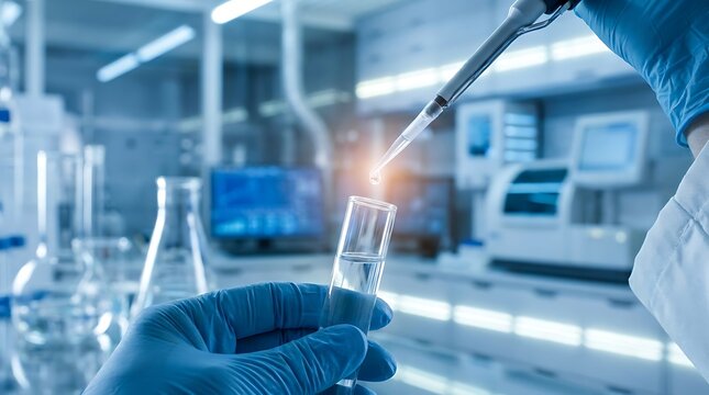 Scientist adding liquid to test tube with pipette in modern lab