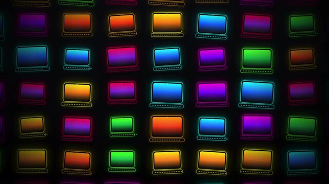 glowing neon laptop screens abstract technology background with colorful digital devices, futuristic colorful computer pattern with vibrant neon glow cyber technology backdrop 4k