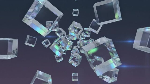 Abstract 3D animation of crystalline cubes floating and rotating with holographic color reflections against a dark backdrop.